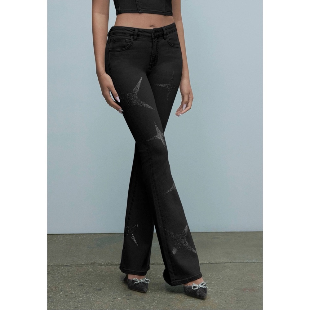 NWT PURPLE Flare Hotfix Stars Black Denim Pants, size 26